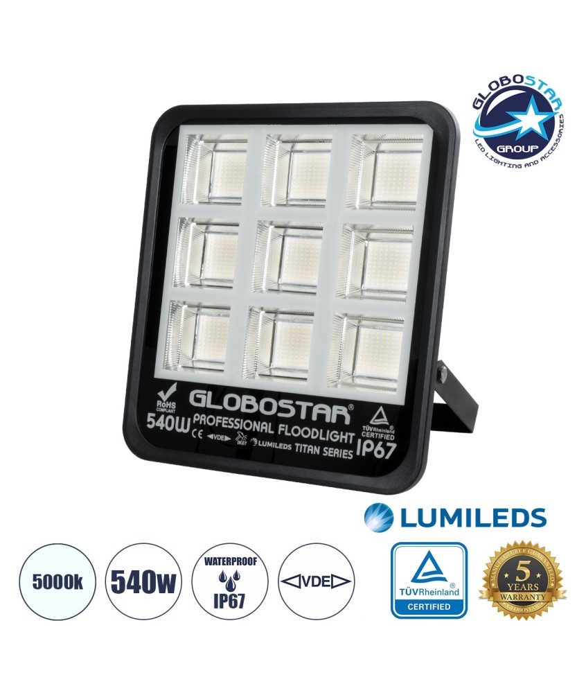 GLOBOSTAR® TITAN 61436 Προβολέας για Γήπεδα Tennis & Ποδοσφαίρου 5x5 LED 540W 67500lm 60°x90° AC 220-240V Αδιάβροχο IP67 Φυσικό Λευκό 5000K - Lumileds SMD Chip - TÜV Rheinland Certified - Μαύρο Ματ - Μ38 x Π8 x Υ42cm - 5 Χρόνια Εγγύηση